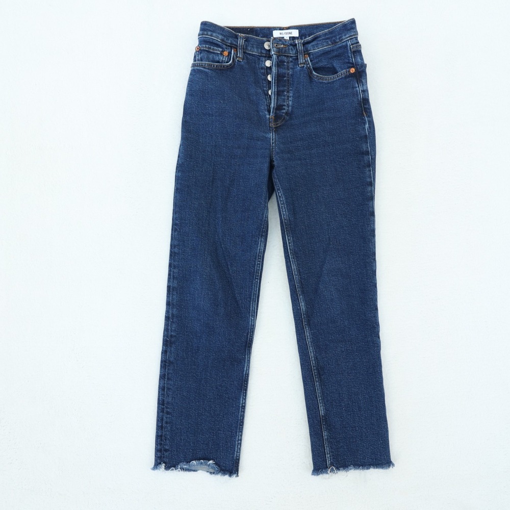 Re/Done 70s Stove Pipe Jeans Women's 26 Dark Rinse Straight Button Fly Raw‎ Hem